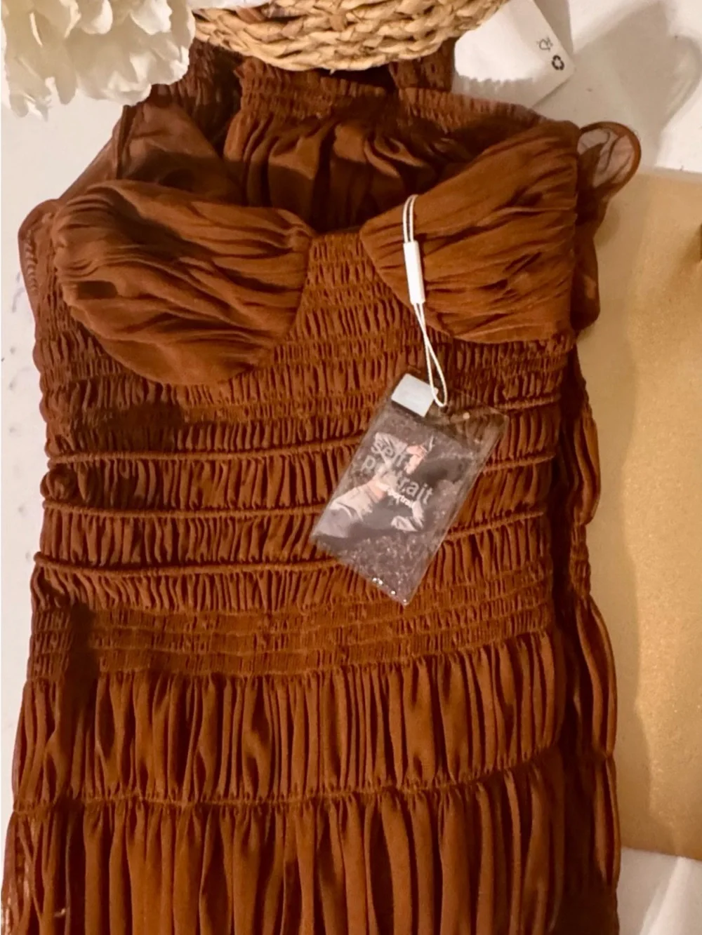 Self-Portrait Rust Brown Ruched Mesh Midi Dress - Picture 5 of 6